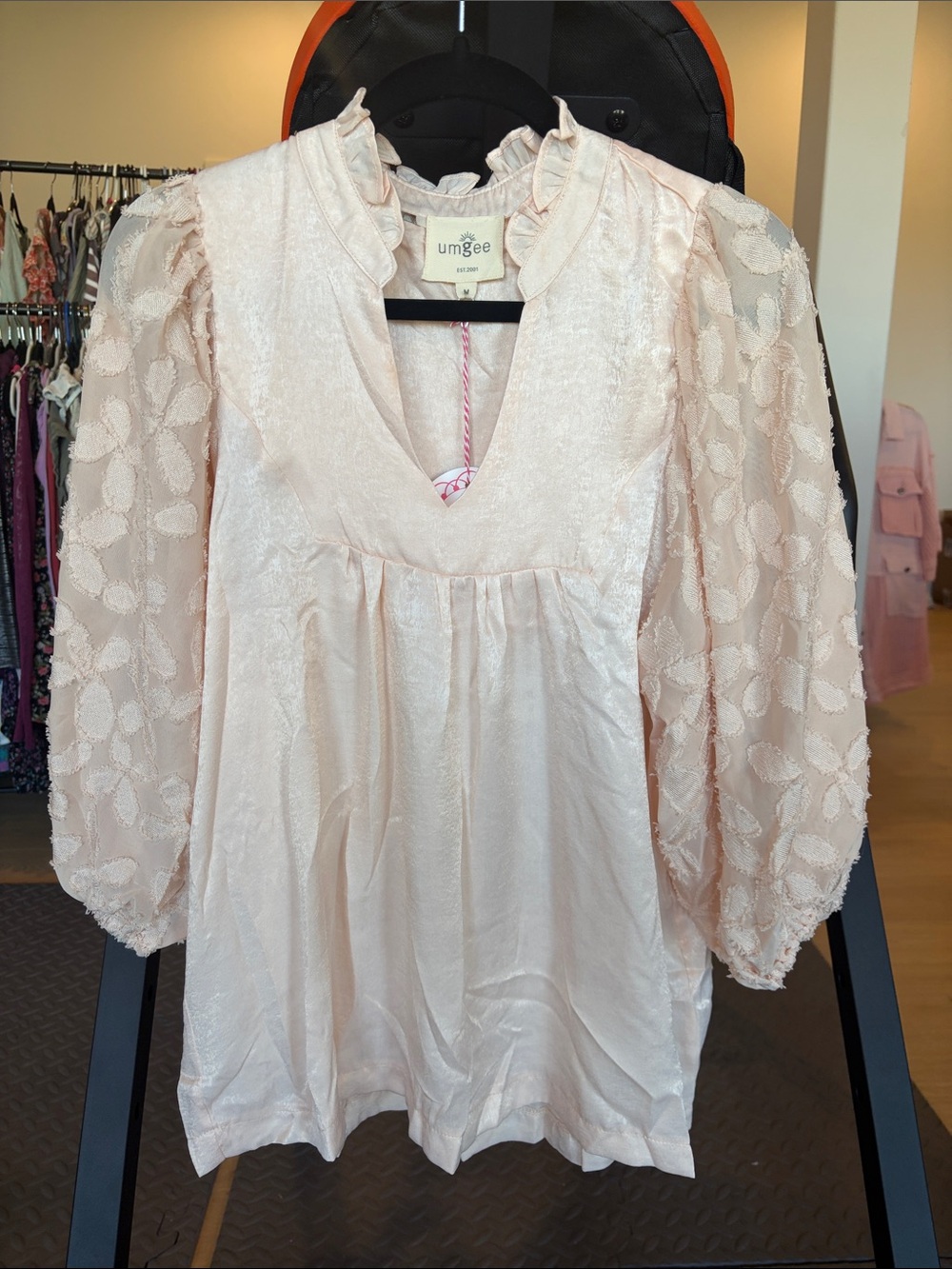Umgee Blush Pink V-Neck Ruffled Collar Puff Sleeve Top